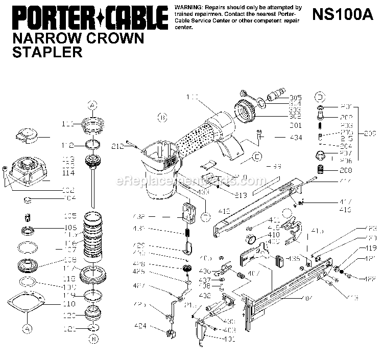 Porter Cable NS100A (Type 1) Stapler Power Tool Page A Diagram